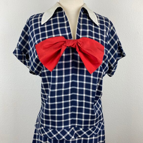 Vintage 60s Two-Piece Dress Straight Skirt Drop Waist Top Medium Blue Check Bow - Picture 2 of 11